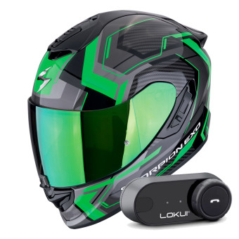 Full Face Scorpion Exo 1400 Evo II Air Linart Black Green + Kit Bluetooth Lokui K30