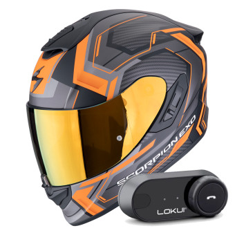 Full Face Scorpion Exo 1400 Evo II Air Linart Matt Black Orange + Kit Bluetooth Lokui K30