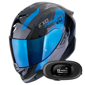 Full Face Scorpion Exo 1400 Evo II Carbon Air Platted Black Blue + Kit bluetooth 5R Lite