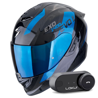 Full Face Scorpion Exo 1400 Evo II Carbon Air Platted Black Blue + Kit Bluetooth Lokui K30