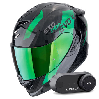 Full Face Scorpion Exo 1400 Evo II Carbon Air Platted Black Green + Kit Bluetooth Lokui K30