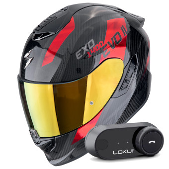 Full Face Scorpion Exo 1400 Evo II Carbon Air Platted Black Red + Kit Bluetooth Lokui K30