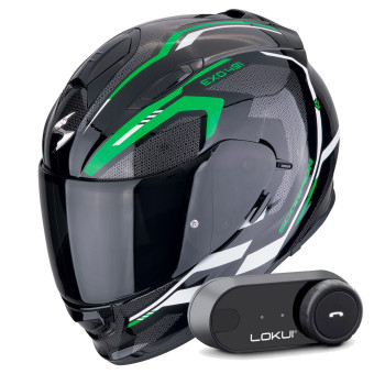 Full Face Scorpion Exo 491 Kripta Black Green White + Kit Bluetooth Lokui K30