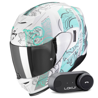 Full Face Scorpion Exo 520 Evo Air Fasta White Light Blue + Kit Bluetooth Lokui K30