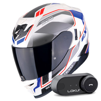 Full Face Scorpion Exo 520 Evo Air Lena Pearl White Blue + Kit Bluetooth Lokui K30