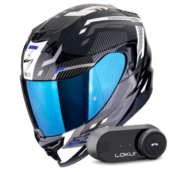 Full Face Scorpion Exo 520 Evo Air Ranka Black White Blue + Kit Bluetooth Lokui K30