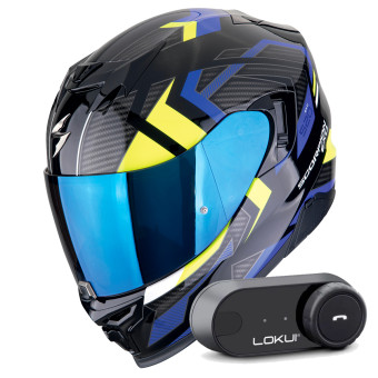 Full Face Scorpion Exo 520 Evo Air Sensus Black Blue Yellow Fluo + Kit Bluetooth Lokui K30