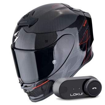 Full Face Scorpion Exo R1 Evo Carbon Air Cynergy Black Red + Kit Bluetooth Lokui K30