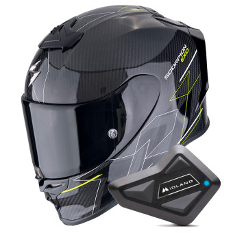 Full Face Scorpion Exo R1 Evo Carbon Air Cynergy Black Yellow Fluo + Kit Bluetooth BT Mini