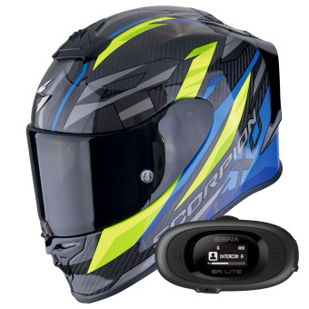 Full Face Scorpion Exo R1 Evo Carbon Air Runner Black Blue Yellow + Kit bluetooth 5R Lite