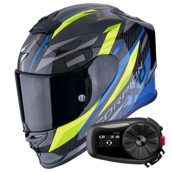 Full Face Scorpion Exo R1 Evo Carbon Air Runner Black Blue Yellow + Kit Bluetooth 5S Solo