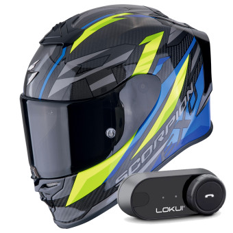 Full Face Scorpion Exo R1 Evo Carbon Air Runner Black Blue Yellow + Kit Bluetooth Lokui K30