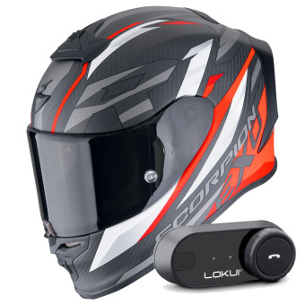 Full Face Scorpion Exo R1 Evo Carbon Air Runner Matt Black Red + Kit Bluetooth Lokui K30