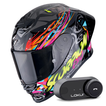 Full Face Scorpion Exo R1 Evo II Air Savage Black Blue Pink + Kit Bluetooth Lokui K30